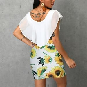 Women's Dresses Womens Sleeveless Sunflower Printed Bodycon Holiday Party Short